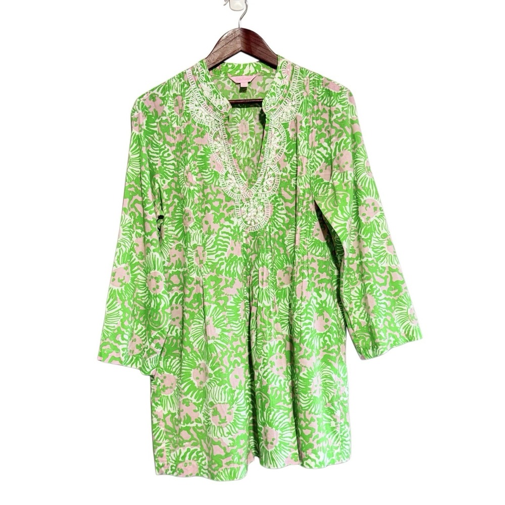 Lilly Pulitzer Sarasota Beaded Pintuck Tunic Top Large Resort Vacation Beach